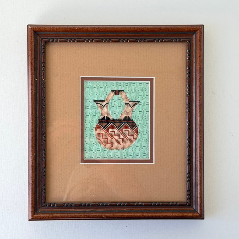 Vintage Needlepoint Framed Southwestern Navajo Pottery Gallery Wall Hanging 8x9